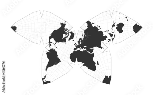 Map of the World. Steve Waterman's butterfly projection. Globe with latitude and longitude net. World map on meridians and parallels background. Vector illustration.