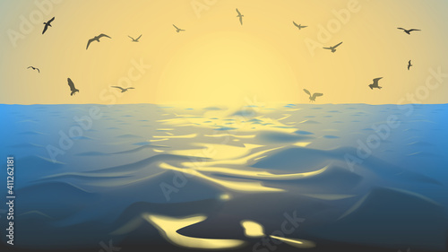 Vector illustration of a sunset in the ocean with birds and the sun in yellow tones copy space