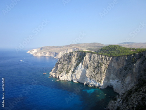 Beautiful west cliff coast at Zakynthos (Zante) island. Rocky steep cliffs on the wild western Zakynthos. Kambi Schiza bay, Ionian Island, Greece, Europe