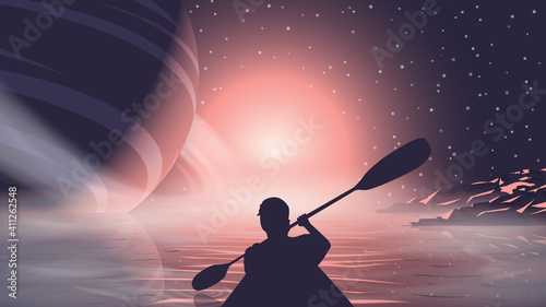 Silhouette of a man with oars floats in a boat on the water against the background of the sun, space and planets