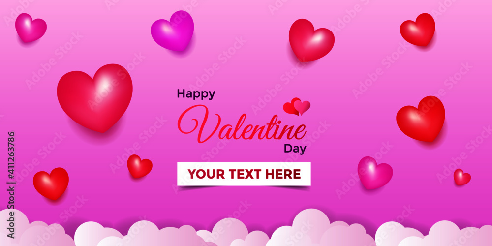 Happy Valentine's Day lovely greeting with heart shaped balloons. Blank template with body copy space for banner, flyer and social media.