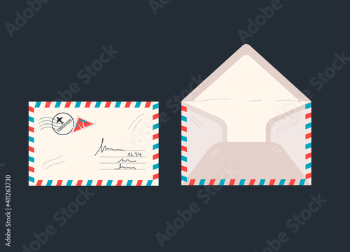Letter paper cover or airmail envelopes set with stamp and postmark, opposite and front views set. Mail post envelopes isolated on black background. Flat vector illustration.