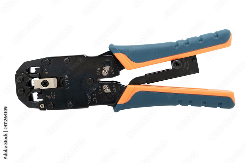 Crimp tool isolated on white background, use for twisted pair network cable with multiple RJ-45 connectors