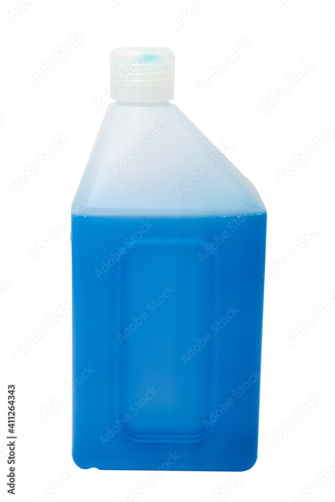 Blue liquid in the canister isolated on white