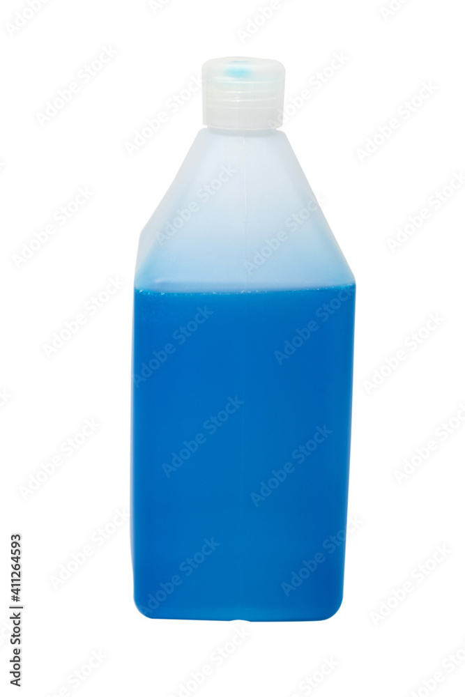 Blue liquid in the canister isolated on white
