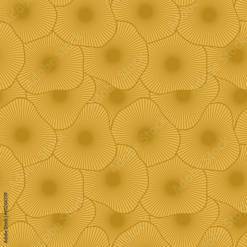 Vector seamless pattern with abstract mushroom-like flowers in fortuna gold color. For bed linen, home textile and decoration