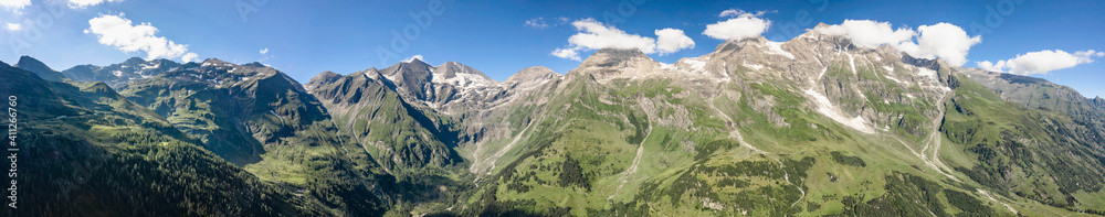 Panoramic aerial view of Grossglockner Hohe Tauern mountain range from high alpine road in Austria Tirol