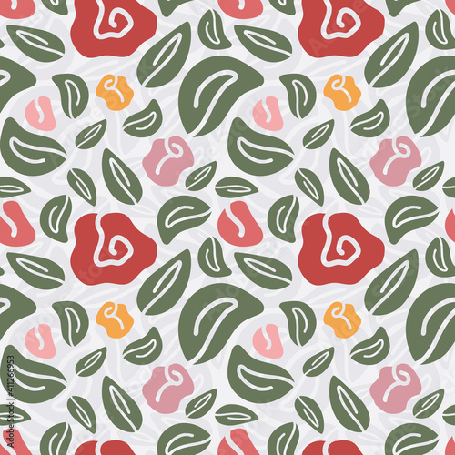 Vector seamless pattern wth abstract red, pink and orange roses with green and light gray leaves on light background. Bright yet delicate design for textile, paper and decoration
