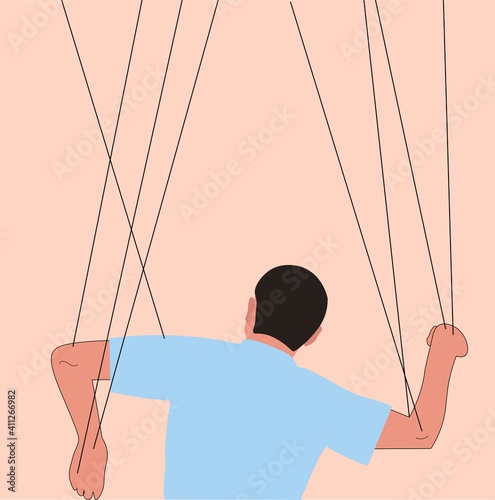 Someone manipulates and abuses a man. Toxic relationships, flat vector illustration 