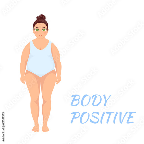 Plus size overweight woman in a swim suit. Plump young female cartoon character on white background. Body positive and self acceptance concept. Vector illustration.