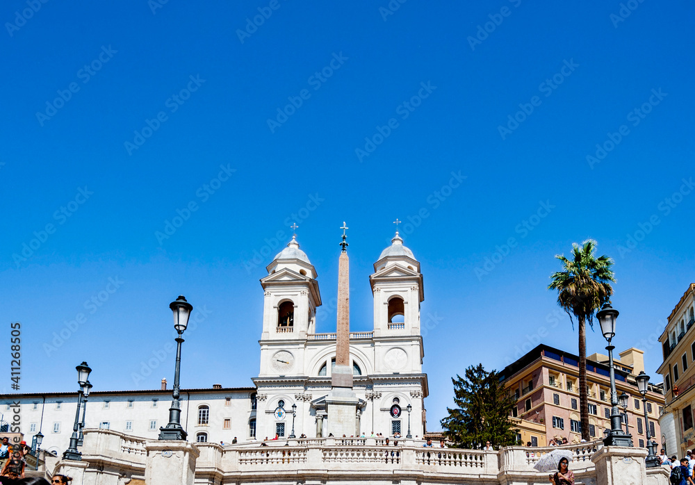 Façade of the Renaissance-style church of the Santissima Trinità dei Monti, in commanding position above the Spanish Steps which lead down to the Piazza di Spagna, Rome, Italy