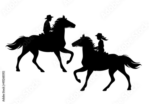 boy and girl wearing cowboy hats riding running horses - ranch kids black and white vector silhouette set
