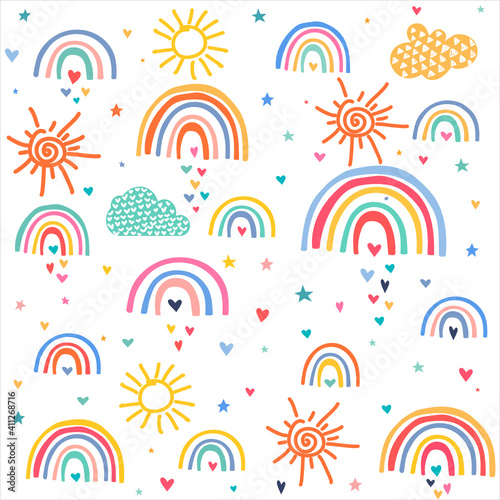 Clouds rainbows love hearts pattern