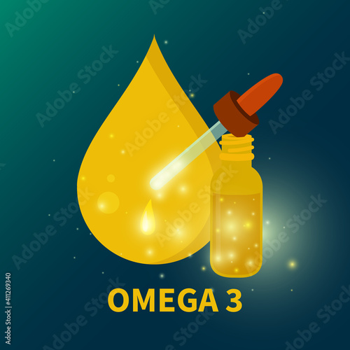 Omega 3 fish oil drop supplement for deficiency. Daily dose of polyunsaturated fatty acids for healthy immune system. Healthy nutrition concept. Medical vector illustration.