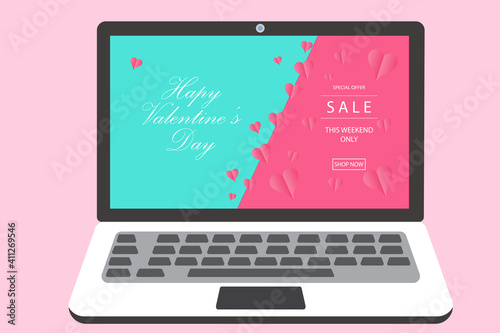 Laptop with Valentines Day holiday discount banner. Screen with hearts and pink blue background. Vector illustration in flat style
