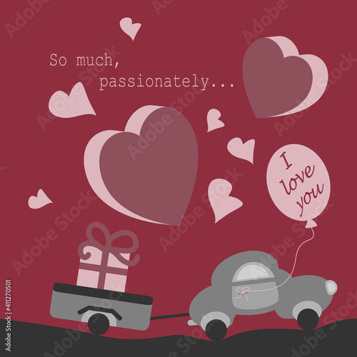 Seamless pattern. Cute little car with its trailer carrying a big gift. With text in English Language " So much, passionately, I love you ". Raspberry color. Vector illustration.