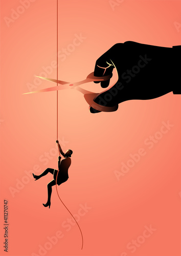 Businesswoman climbing on rope meanwhile a giant hand with scissors is cutting the rope