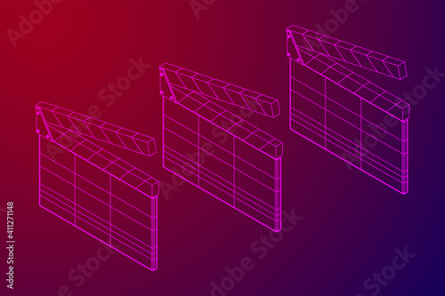 Movie clapper board. Film cinema concept. Wireframe low poly mesh vector illustration