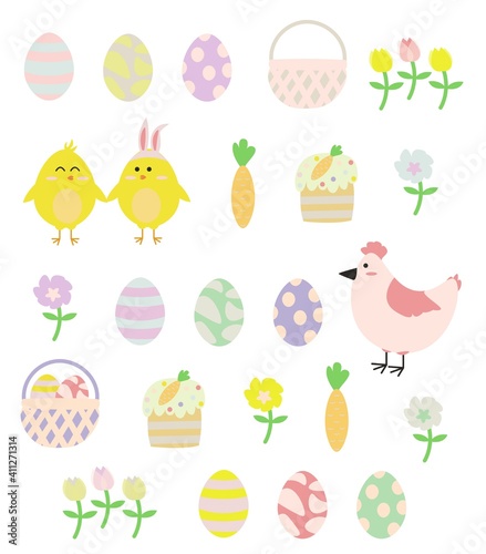 Happy Easter set clipart vector: Easter eggs, busket, flowers, chicken, Easter cake, pastel, isolated objects, cute, kid