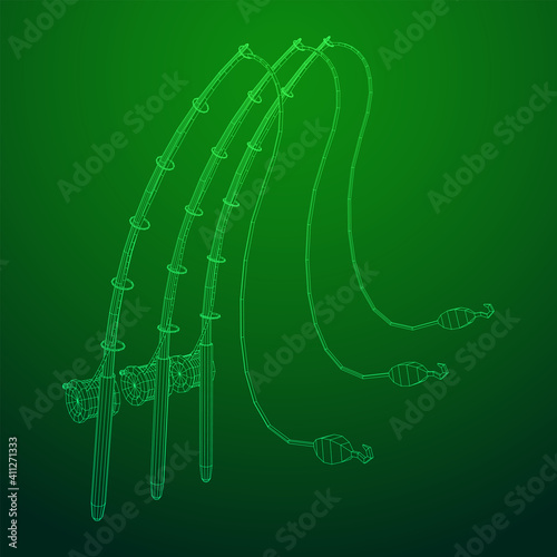 Fishing rod with line sinker and hook. Wireframe low poly mesh vector illustration.