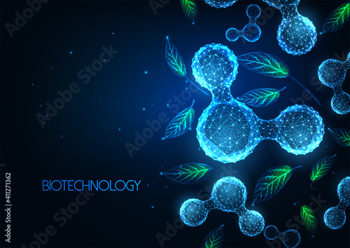 Futuristic biotechnology, green chemistry science banner concept with low polygonal molecules