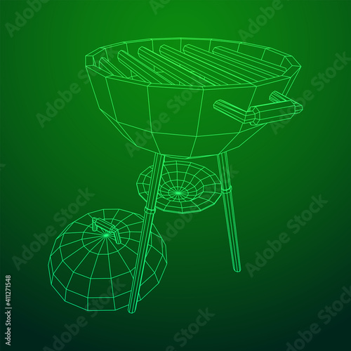 Round barbecue grill. Outdoor bbq party. Wireframe low poly mesh vector illustration