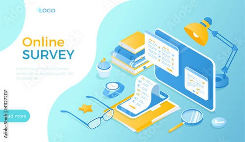 Online Survey and Polling. Online survey form on tablet and phone screen. Internet mobile questionnaire for customer satisfaction. User feedback. Isometric vector illustration for website.