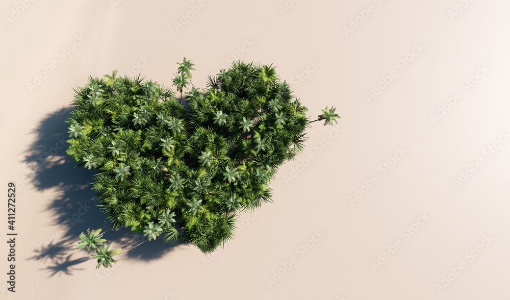 Green tropical trees forming heart shape on the beach.