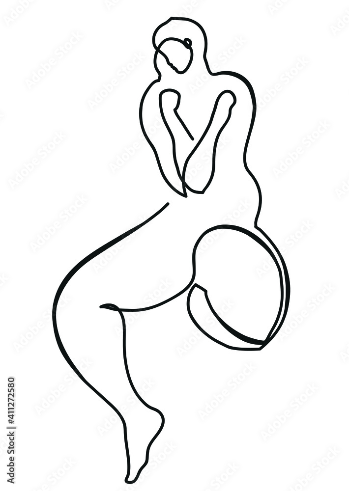 One line drawing of sitting lomely woman.
One continuous line drawing of sad female.