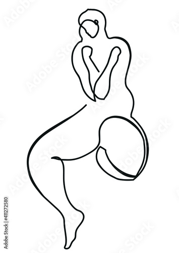 One line drawing of sitting lomely woman. One continuous line drawing of sad female.
