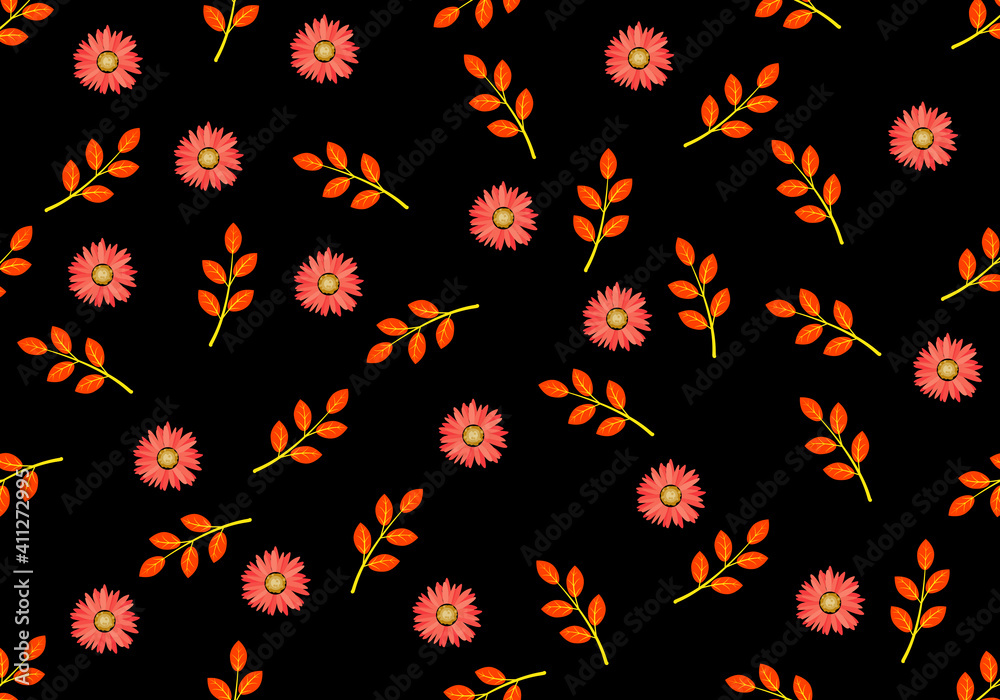 Patrón de flores y ramas en tonos naranjas, amarillo y verde sobre fondo negro