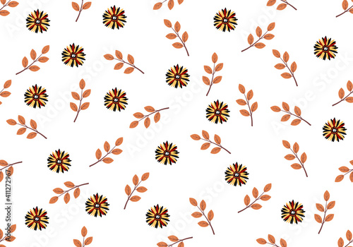 Patrón de flores y ramas en tonos tierra sobre fondo blanco