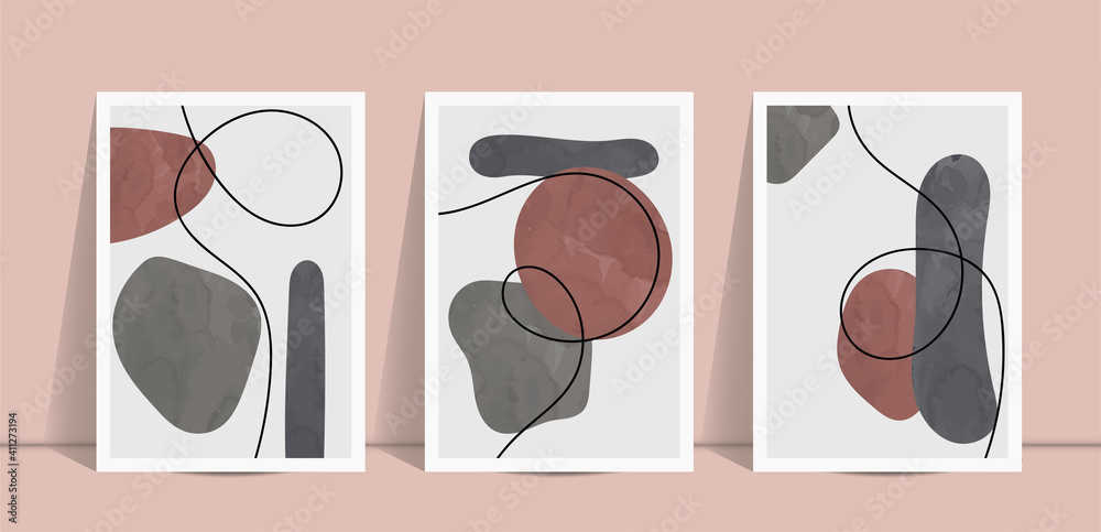 Abstract minimal poster collection. Pastel watercolor background set design for elegance and luxury bohemian interior. Abstract shapes with acrylic texture vector. Composition for social media