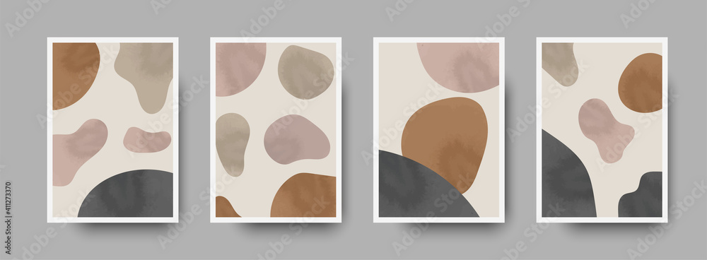 Set of minimal abstract boho background designs. Stylish wall art background with neutral pastel watercolor. Acrylic bohemian poster with composition for luxury minimal interior. Terracotta vector