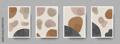 Set of minimal abstract boho background designs. Stylish wall art background with neutral pastel watercolor. Acrylic bohemian poster with composition for luxury minimal interior. Terracotta vector