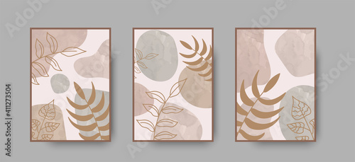 Abstract botanical wall art collection. Set of abstract boho poster designs for luxury bohemian interior. Minimal vector background with foliage drawing and nude pastel watercolor shapes. Leaf vector