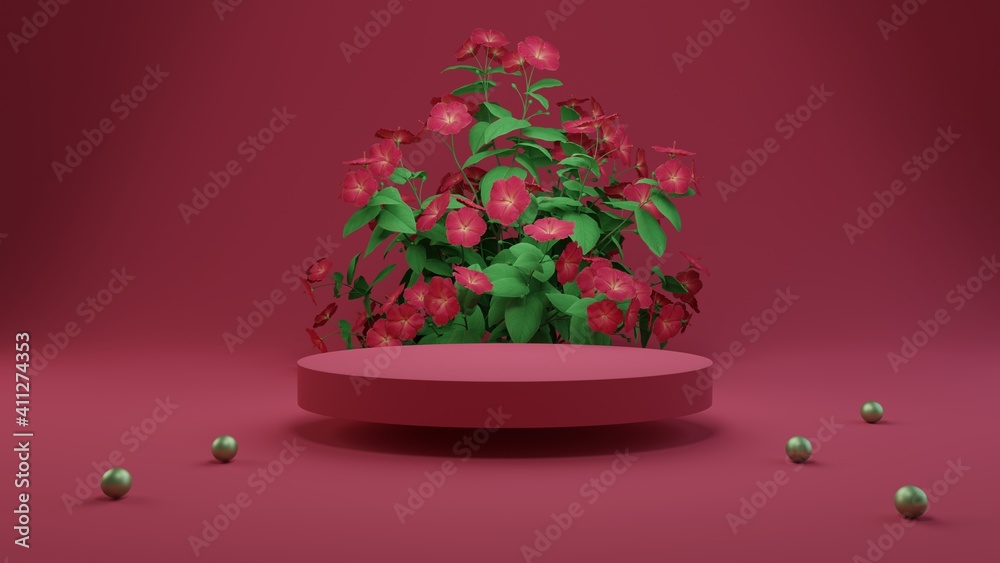 3D rendering flower background pink color with geometric shape podium for product display, minimal concept, Premium illustration pastel floral elements, beauty, cosmetic. 3D rendering flower background pink color with geometric shape podium for product display, minimal concept, Premium illustration pastel floral elements, beauty, cosmetic.
