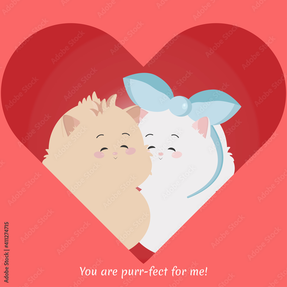 Vector illustration of cute cats in love cartoon style. Pets in love hugging each other’s. Red heart. Valentine’s Day card, love card, greeting card with inscription You are purr-fect for me. Vector illustration of cute cats in love cartoon style. Pets in love hugging each other’s. Red heart. Valentine’s Day card, love card, greeting card with inscription You are purr-fect for me.