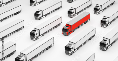Fleet of new heavy trucks with one selected. Transportation