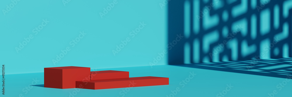 Minimal beauty mockup for product presentation. Red podium with Chinese pattern shadow on blue background. 3d render illustration. Clipping path of each element included. Minimal beauty mockup for product presentation. Red podium with Chinese pattern shadow on blue background. 3d render illustration. Clipping path of each element included.