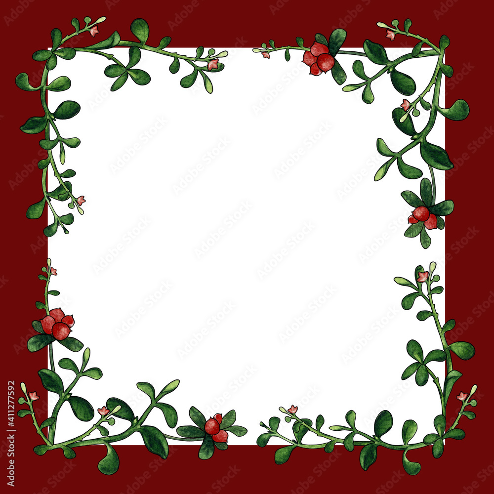 Square frame with cowberry watercolor painting Square frame with cowberry watercolor painting