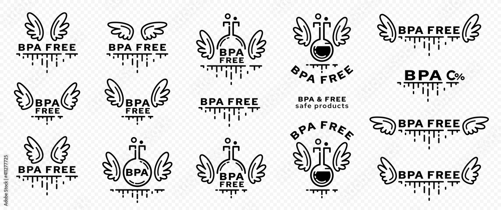Concept for plastic products. Marking - no bisphenol A. Chemical flask icon with wings, BPA abbreviation and a line of flowing ingredient - a symbol of freedom. Vector set.