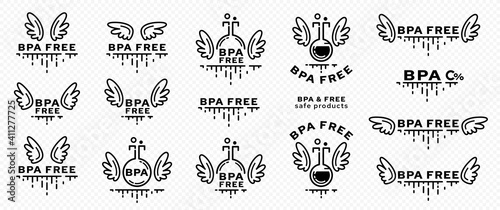 Concept for plastic products. Marking - no bisphenol A. Chemical flask icon with wings, BPA abbreviation and a line of flowing ingredient - a symbol of freedom. Vector set.