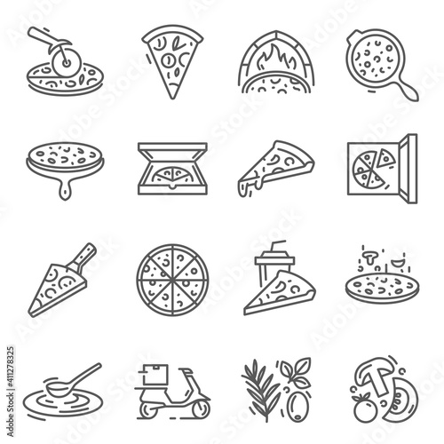 Pizza whole, slices thin line icons set isolated on white. Cooking, baking, packaging, delivery.