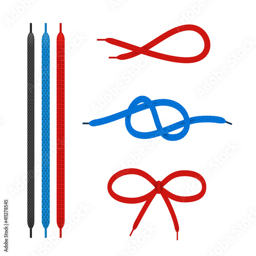 Shoe laces straight and tied in different knots realistic set. Shoestrings bow, loop.
