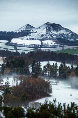 Scotts view with the Eildons in the background in winter covered in snow