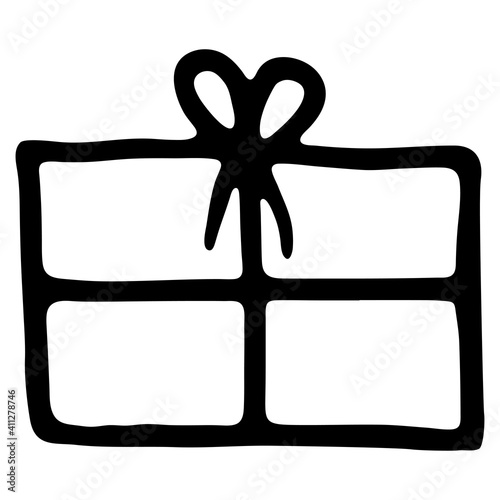 Vector illustration. Icon gift box isolated on white. Theme of holiday, presents and happy. Simple hand drawn doodle clipart. For poster, collage, card, banner, social media.