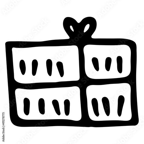 Vector illustration. Icon gift box isolated on white. Theme of holiday, presents and happy. Simple hand drawn doodle clipart. For poster, collage, card, banner, social media.