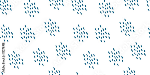 Abstract background with blue Dots on white. Simple Seamless pattern. Hand drawn doodle clipart. For card, children project, fabric, textile, gift wrapping. Trendy style.