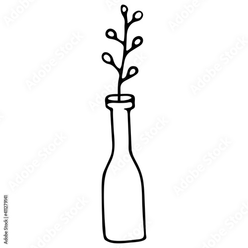 Flower in a Vase with a narrow neck isolated on white. Willow twig in a vase. Hand drawn simple element of interior. For greeting card, poster, collage, book illustration